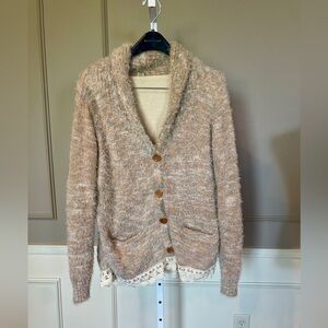 Gimmicks by BKE cardigan Large eyelash yarn lace trim sweater tan neutral fuzzy